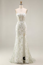 White Floral Mermaid Appliqued Corset Prom Dress