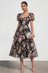 A Line Black Floral Short Sleeve Midi Wedding Guest Dress