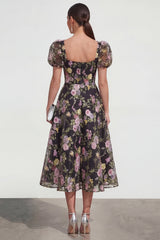 A Line Black Floral Short Sleeve Midi Wedding Guest Dress