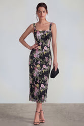 Floral Black Bodycon Midi Wedding Guest Dress