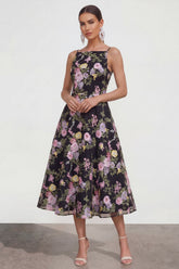 Floral Black A Line Midi Wedding Guest Dress