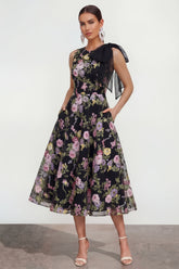 Floral Black Bowed A Line Wedding Guest Dress with Pockets