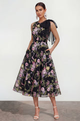 Floral Black Bowed A Line Wedding Guest Dress with Pockets