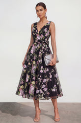 Black Floral A Line V Neck Wedding Guest Dress with Bow