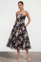 Strapless A Line Black Floral Wedding Guest Dress with Pockets