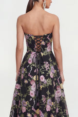 Strapless A Line Black Floral Wedding Guest Dress with Pockets