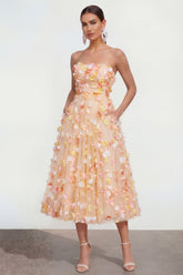 Champagne A Line Strapless Floral Wedding Guest Dress with Pockets