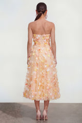 Champagne A Line Strapless Floral Wedding Guest Dress with Pockets