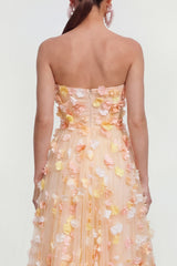 Champagne A Line Strapless Floral Wedding Guest Dress with Pockets