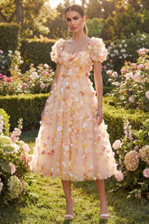 Floral Champagne A Line Short Sleeve Wedding Guest Dress