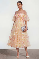 Off the Shoulder Floral Champagne A Line Wedding Guest Dress