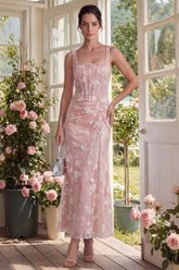 Floral Pink Ruched Mermaid Corset Wedding Guest Dress