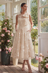 Floral Apricot A Line Bowed Midi Wedding Guest Dress