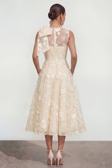 Floral Apricot A Line Bowed Midi Wedding Guest Dress