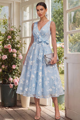 Blue Floral A Line Midi Wedding Guest Dress with Bow