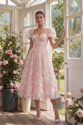 Floral Pink Puff Sleeve A Line Corset Wedding Guest Dress