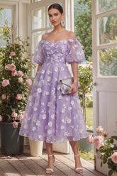 Off the Shoulder Floral Lilac Ruched A Line Wedding Guest Dress