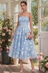 Strapless Floral Blue A Line Wedding Guest Dress