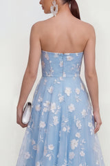 Strapless Floral Blue A Line Wedding Guest Dress