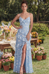 Blue Floral A Line Ruffled Maxi Wedding Guest Dress