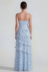 Blue Floral A Line Ruffled Maxi Wedding Guest Dress