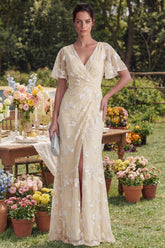 Floral Mermaid Ruched Short Sleeve Apricot Wedding Guest Dress