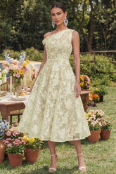 Floral Yellow Asymmetrical Neck A Line Wedding Guest Dress