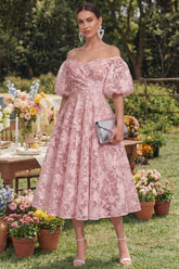 Floral Pink Off the Shoulder A Line Midi Wedding Guest Dress
