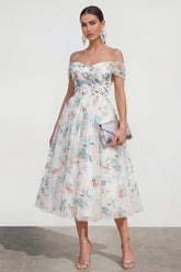 Off the Shoulder A Line White Floral Midi Wedding Guest Dress