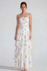A Line Ruched White Floral Ruffled Maxi Wedding Guest Dress
