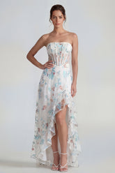 Strapless A Line White Floral Corset Wedding Guest Dress
