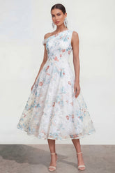 Asymmetrical Neck A Line White Floral Wedding Guest Dress