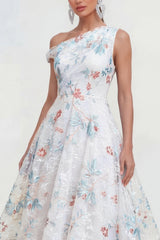 Asymmetrical Neck A Line White Floral Wedding Guest Dress