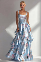 Tiered Blue Floral A Line Satin Wedding Guest Dress