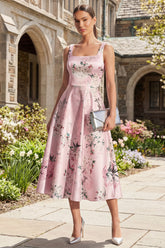 Pink Printed A Line Satin Midi Wedding Guest Dress
