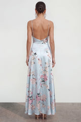 Floral Blue A Line Satin Ruffled Wedding Guest Dress