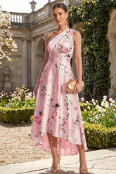 One Shoulder Ruched Pink Printed A Line Wedding Guest Dress
