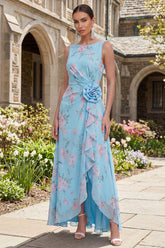 Ruffled A Line Blue Floral Wedding Guest Dress with 3D Flowers