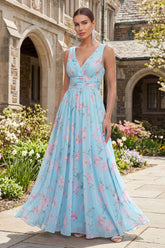 Blue Floral A Line V Neck Sleeveless Wedding Guest Dress