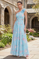 One Shoulder 3D Flower A Line Blue Floral Wedding Guest Dress