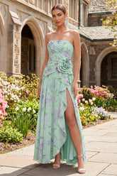Strapless 3D Flower Ruched A Line Green Wedding Guest Dress