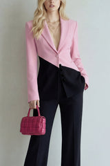 Colorblock Black Pink 2 Piece Slim Fit Women Suits