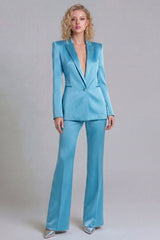 Peaked Lapel Satin Blue 2 Piece Single Buckle Women Suits