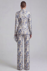 Grey Blue Peaked Lapel 2 Piece Brocade Women Suits