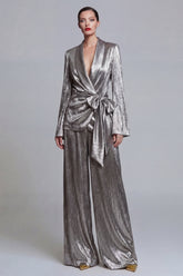 Metallic Shawl Lapel 2 Piece Grey Bowed Women Suits