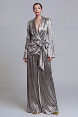 Metallic Shawl Lapel 2 Piece Grey Bowed Women Suits