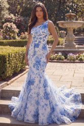 One Shoulder Blue Floral Mermaid Maxi Prom Dress