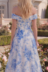 Blue Floral Off the Shoulder A Line Maxi Prom Dress