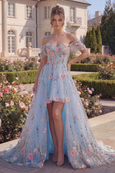 Blue Floral Off the Shoulder High Low Tulle Prom Dress