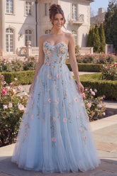 Strapless Floral Blue Corset A Line Tulle Prom Dress
